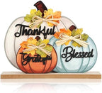 3 Pcs Fall Pumpkin Decor Wooden Table Sign Thankful Blessed Grateful Tabletop for Autumn Farmhouse Vintage Thanksgiving Harvest Party Rustic Home Room Table Shelf Halloween Decorations by Sophena