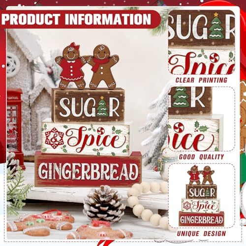 Marsui 4 Pcs Christmas Gingerbread Table Decorations Wooden Sign Blocks - Image 4