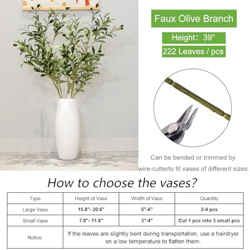 Heleze 39 Inch Artificial Olive Branch Greenery Stems Fake Plants with 222 Leaves for Vase Faux Olive Branches Home Decor Indoor 2PCS - Image 6