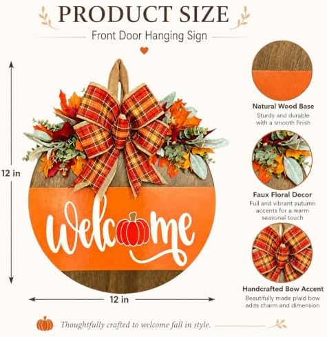 Fall Door Sign for Front Door, Wooden Welcome Hanger with Pumpkin Design, Plaid Bow and Autumn Leaves, Porch Entry Decor, Harvest Wreath Accent, Thanksgiving Decorations for Home and Covered Porch - Image 3