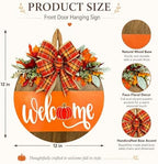 Fall Door Sign for Front Door, Wooden Welcome Hanger with Pumpkin Design, Plaid Bow and Autumn Leaves, Porch Entry Decor, Harvest Wreath Accent, Thanksgiving Decorations for Home and Covered Porch - Image 3