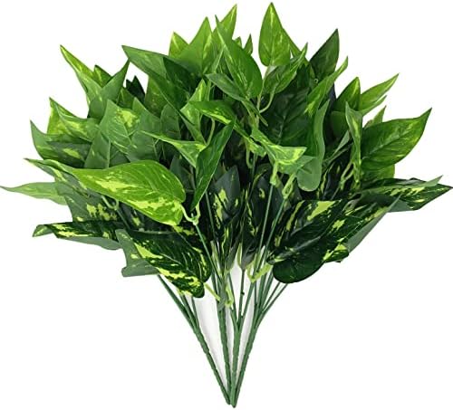 Artificial Scindapsus Aureus Decor, Plastic Realistic Green Leaves Shrubs Fake Plants Faux Grass Bushes Greenery for Indoor Outdoor Home Garden Verandah Office Table Arrangements Decoration 4 Pack by CATTREE