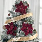 10 Pcs 9.4" Velvet Poinsettia Picks Glitter Artificial Christmas Flower Stems for Xmas Tree Wreath Garland Winter New Year Home Decoration, Burgundy - Image 3