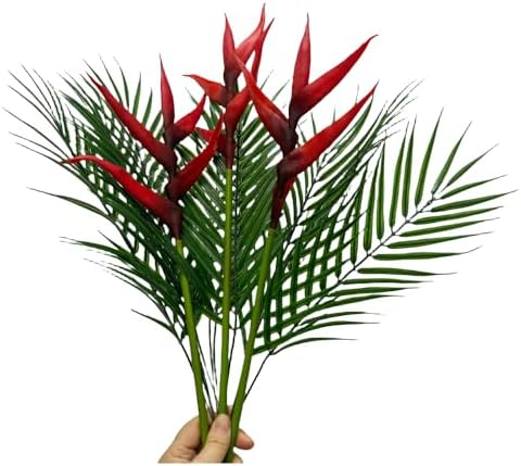 3Pcs Red Bird of Paradise Artificial Flowers with 10 Pcs Areca Palm Leaves - Image 2