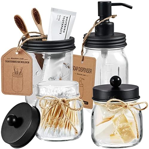 Amolliar Mason Jar Bathroom Accessories Set, 4Pcs Glass Bathroom Set, Black by Amolliar