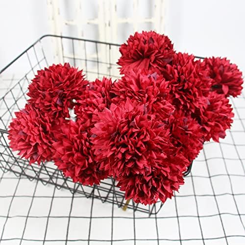 Tinsow 12PCS Artificial Ball Chrysanthemum Red Faux Flowers Bouquet - Image 5