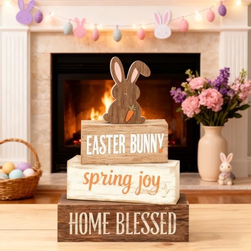 Easter Decorations - Easter Bunny Tiered Tray Decor Set - Wooden Easter Tabletop Decoration - Rustic Farmhouse Spring Home Decor Indoor for Tiered Tray Shelf Mantel Coffee Table Gift - Spring Home Decor for Living Room, Kitchen Counter - Image 2