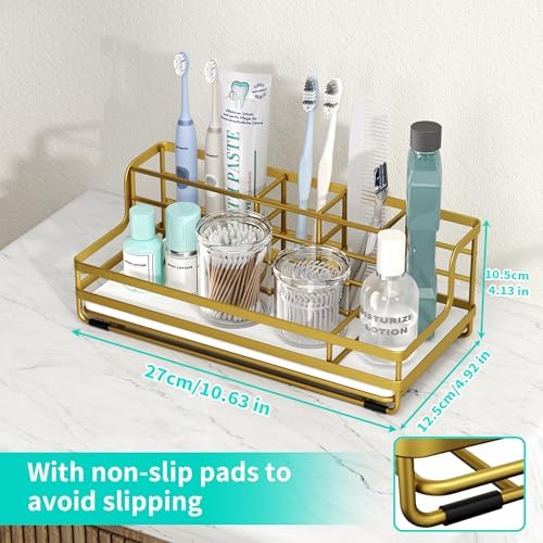 HapiRm Toothbrush Holders for Bathroom - 5 Partitions Bathroom Counter Organizer with Instant Drying Stone, Stainless Steel Countertop Storage Electric Toothbrush Toothpaste Holder - Gold - Image 5