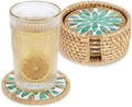Boho Coastal Coasters Set of 6, Handmade Coasters with Holder, Green Leaf by Unknown