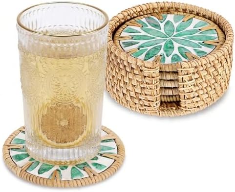 Boho Coastal Coasters Set of 6, Handmade Coasters with Holder, Green Leaf by Unknown