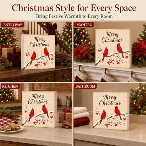 Christmas Decorations Merry Christmas Cardinal Birds Wood Box Sign - Image 6