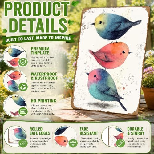 Vintage Tin Sign Watercolor Birds Wall Decor Nursery Print Cute Wall Decoration Animals Tin Sign Poster Home Bar Plate Wall Decor Birds Metal Tin Sign 12x8 Inch - Image 3