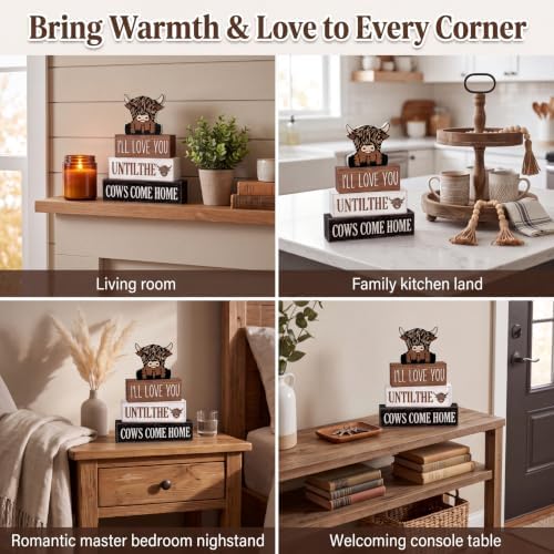 Marsui 4 Pcs Highland Cow Table Decor Rustic Cow Wooden Signs Gifts - Image 6