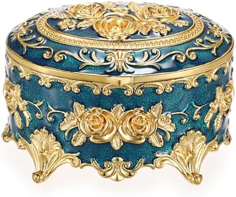 Hipiwe Vintage Metal Jewelry Box - Oval Trinket Ring Case with Gold Rose by Hipiwe