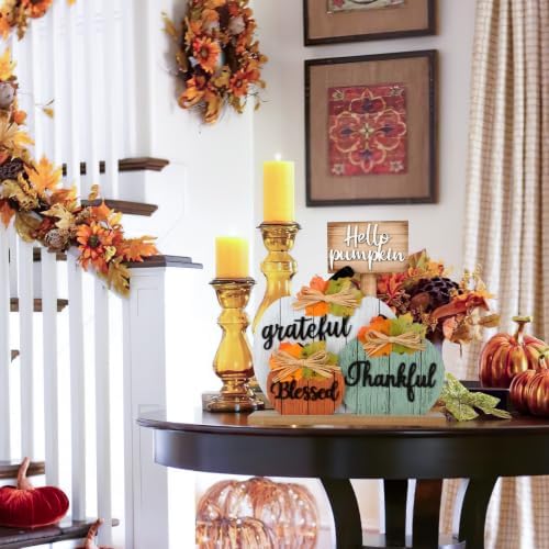 4 Pcs Fall Pumpkin Decor Wooden Table Sign Thankful Blessed Grateful Tabletop for Autumn Farmhouse Vintage Thanksgiving Harvest Party Rustic Home Room Table Shelf Halloween Decorations - Image 4