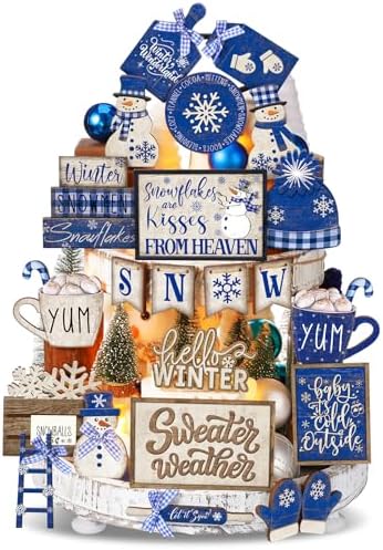 CroBlissful 23 Pcs Christmas Tiered Tray Decor Set, Blue, Snow by CroBlissful