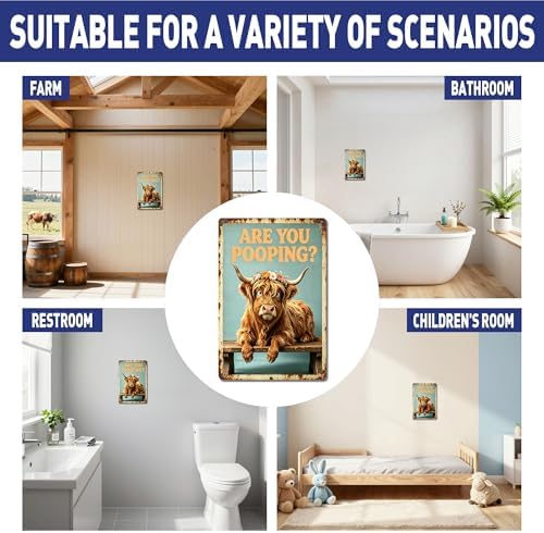 Funny Highland Cow Floral Crown Art with ARE YOU POOPING? Quote,Solid Durable Aluminum Sign,Vintage Farmhouse Decor for Bathroom Restroom Wall, Multipurpose Novelty Home Gift Plaque 8 x 12 Inch - Image 5
