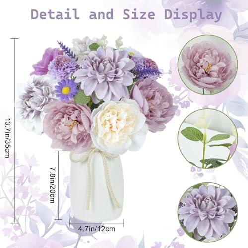 18Pcs Purple Fake Flowers with Vase, Silk Dahlias Purple Artificial Flowers - Image 2