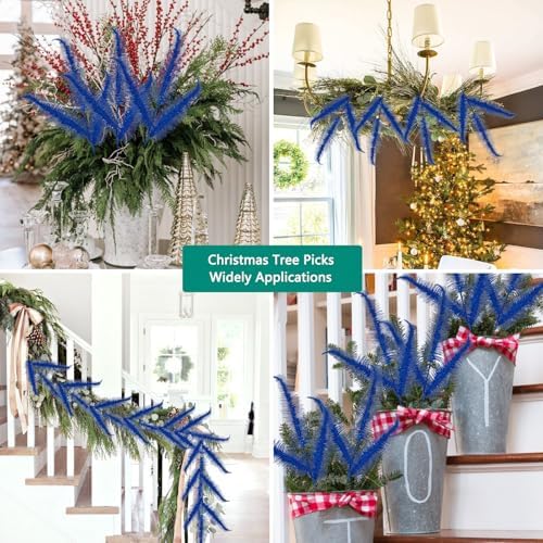 Oairse 8 Pcs Christmas Tree Picks and Sprays Navy Blue Glitter Christmas Picks 28" Christmas Glitter Feathers Leaves Stems for Christmas Tree Filler Branches Wreaths Centerpieces Holiday Decorations - Image 6