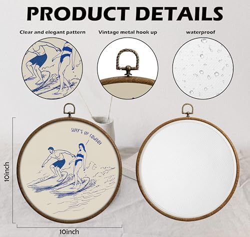 Western Coastal Cowboy Wall Decor, Coastal Cowgirl Room Decor, Printed Canvas Wall Hanging for Bedroom Kitchen Office, Round Wall Decoration, Living Room Wall Art, Circular Wall Hanging with Hooks,7 - Image 2