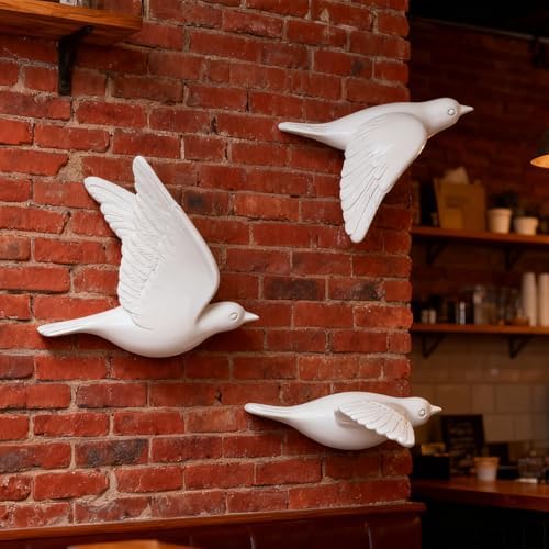 White 3D Flying Bird Wall Decor Set of 3, Resin Bird Wall Sculptures - Image 6