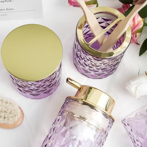 5 Piece Glass Bathroom Accessories Set, Purple & Gold Vanity Countertop Set - Image 5