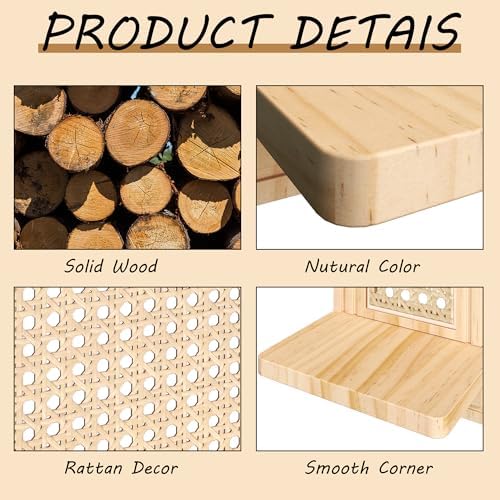 Rattan Wall Shelf Set of 2, 7'' Natural Floating Shelves Boho Decor, Rustic Wood Arched Rattan Wall Mounted Storage Shelves for Plant Figurines Display, Wicker Shelf for Living Room Nursery Bedroom - Image 4