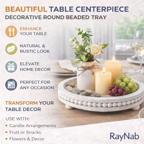 RayNab Farmhouse Round Wooden Beaded Tray - 12in Whitewashed Rustic Decor - Image 6