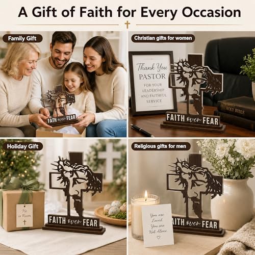 Christian Gifts for Men & Women, Faith Over Fear Wooden Cross Plaque Decor - Image 6
