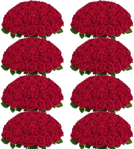 200Pcs Red Roses Artificial Flowers, Real Touch Velvet Fake Roses Bouquet by BLEUMCADE