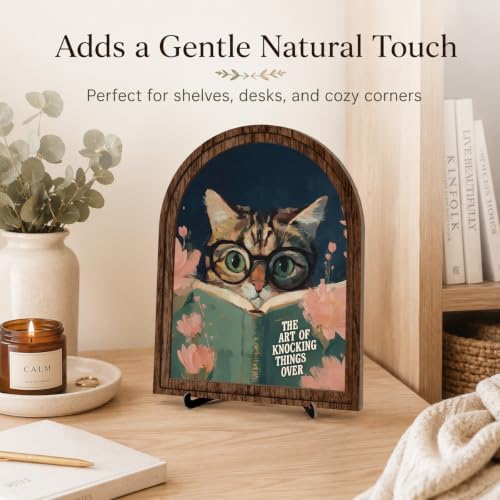 Funny Cat Decor Arched Wood Frame Tabletop Sign, Vintage Reading Cat Art Decor with Stand, Rustic Shelf Desk Mantel Accent for Bathroom Office Home - Image 2