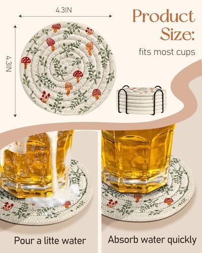 Absorbent Cup Coasters Set of 6 with Holder, Mushroom Leaf - Image 4