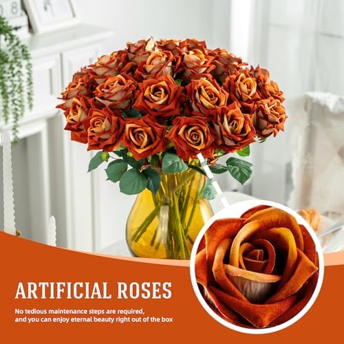 Ttranewsoo 24PCS Orange Fall Artificial Flowers, Fake Roses with Stems for Autumn Floral Arrangements, Thanksgiving Centerpieces, Harvest Table & Home Decor, 16.5 Inch - Image 4