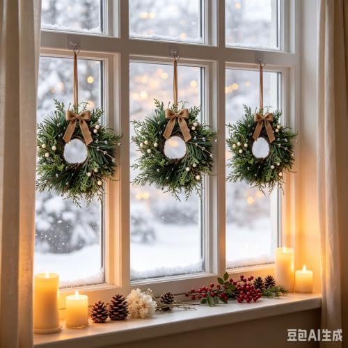 6 Pcs Small 4th of July Hanging Wreaths for Cabinets Patriotic Mini Candle Ring Wreath with Red White Blue Flowers Artificial Independence Day Wreath for Front Door (4, Winter White Berry) - Image 3