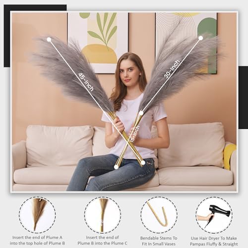 7 Pcs 45" Faux Pampas Grass – Fluffy Artificial Pompous Grass for Tall Floor Vase, Non-Shedding Home Decor, Boho Wedding Flowers, Baby Shower Centerpieces, Bedroom & Living Room Decor (Grey) - Image 2