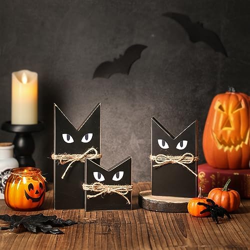 3 PCS Wooden Black Cats Decor, Spooky Cat Theme, Halloween Tiered Tray Decor, Farmhouse Halloween Tiered Tray and Mantle Decoration, Fall Accent, Wood Sign Rustic Style, Halloween Decoration Indoor by KORMMCO