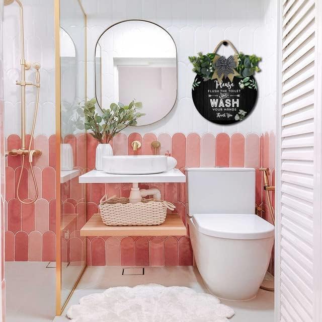 Bathroom Decor,Please Flush The Toilet and Wash Your Hands Thank You Sign,Rustic Round Wooden Wreath Sign,Bath Toilet Decoration for All The Seasons - Image 5
