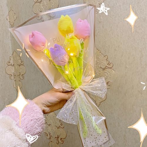 Plush Tulips Bouquet, 5 Pcs Stuffed Flower Toy with Bendable Stems, Decorative Flower Gift for Graduation, Valentine's Day, Wedding,Christmas - Image 2