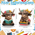 Wesiti 2 Highland Cow Figurines with Glasses Books, Resin Reading Desk - Image 3