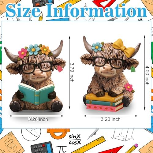 Wesiti 2 Highland Cow Figurines with Glasses Books, Resin Reading Desk - Image 3