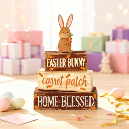 Easter Decorations - Easter Bunny Tiered Tray Decor Set - Wooden Carrot Patch Tabletop Decoration - Rustic Farmhouse Spring Home Decor Indoor for Tiered Tray Shelf Mantel Coffee Table Gift - Spring Home Decor for Living Room, Kitchen Counter - Image 5