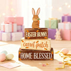 Easter Decorations - Easter Bunny Tiered Tray Decor Set - Wooden Carrot Patch Tabletop Decoration - Rustic Farmhouse Spring Home Decor Indoor for Tiered Tray Shelf Mantel Coffee Table Gift - Spring Home Decor for Living Room, Kitchen Counter - Image 5