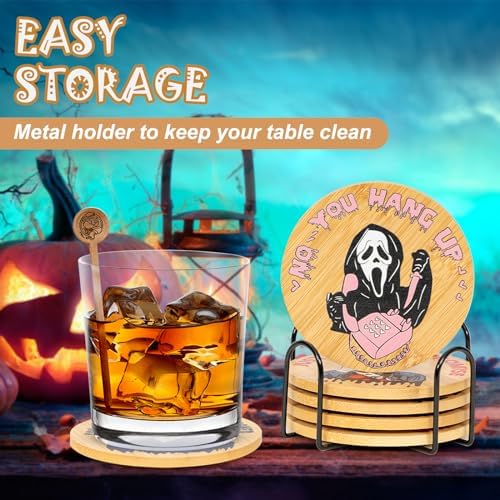 6Pcs Horror Movie Character Spooky Coasters Gift Set with Holder - Horror Movie Accessories Bar Coaster for Party Decor, Unique Halloween Round Coasters for Halloween Coffee Table Spooky Kitchen Decor - Image 7