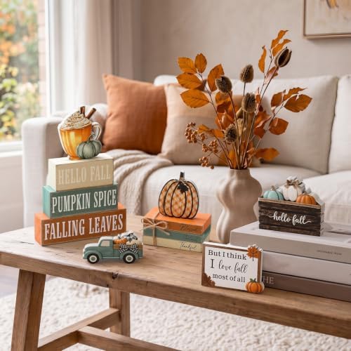 11 Pcs Fall Coffee Table Decor for Home, Wooden Pumpkin Spice Signs - Image 5