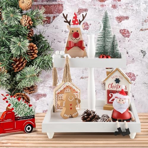 Tiered Tray Stand, Rustic Wooden 2 Tier Decorative Tray with Bead Garland, Farmhouse Square Wood Serving Tray Counter Centerpiece for Coffee Bar Home Decor Holiday Christmas Housewarming Gifts (White) - Image 5