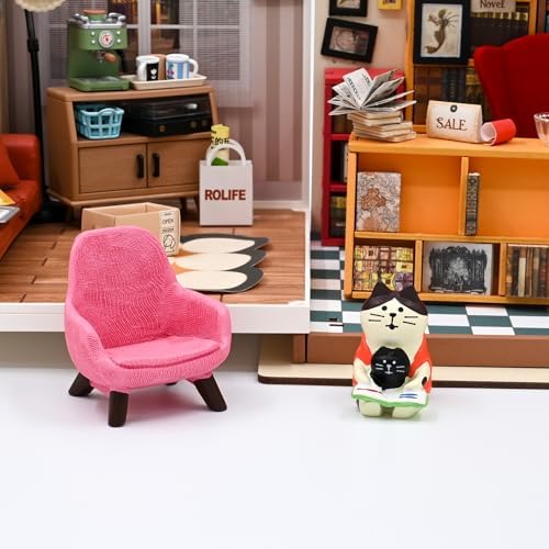 Mevodeata Cute Mini Cat Reading Book Figurine with Small Sofa Resin Figure for Office Home Decor for Cat Lover(Pink Sofa) - Image 4