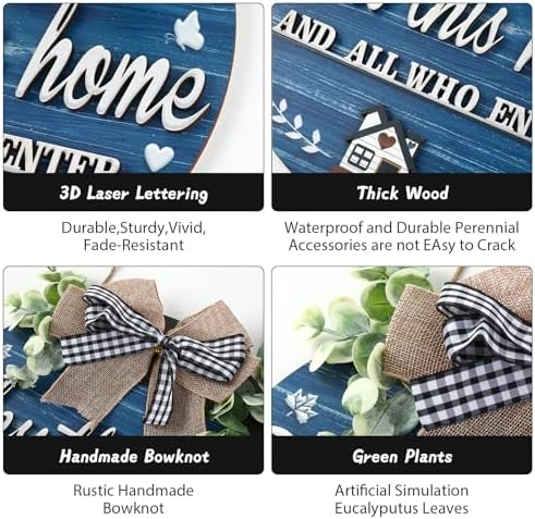 3D Bless This Home and All Who Enter Wooden Front Door Signs，Door Decorations Hanging,Christian Jesus Home Porch Wall Decor，Spring Wreaths，Door Wreaths for Front Door Outside All Season（Blue） - Image 2