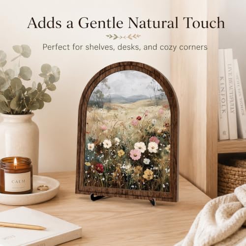 Rustic Farmhouse Tabletop Decor Sign, Arched Wooden Frame with Stand, Soft Wildflower Meadow Art for Living Room Dining Room Bedroom, Warm Gift for Friends - Image 2