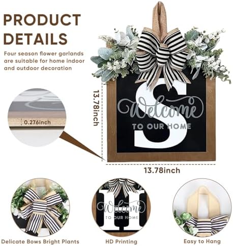 Ultra Large 14'' Last Name All Year Round Front Door Wreath with 26 Initial Letter Welcome Sign All Seasons Eucalyptus Garland and Bow Wreaths for Front Door Porch Farmhouse Decoration (S) - Image 4
