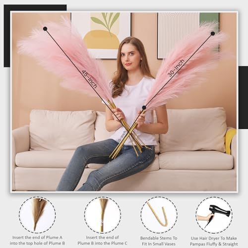 7 Pcs 45" Faux Pampas Grass – Fluffy Artificial Pompous Grass for Tall Floor Vase, Non-Shedding Home Decor, Boho Wedding Flowers, Baby Shower Centerpieces, Bedroom & Living Room Decor (Pink) - Image 2
